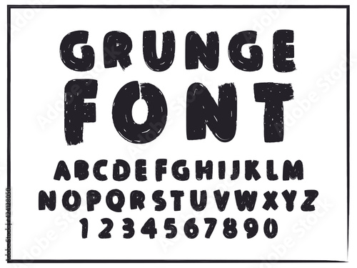Vector hand drawn Grunge Alphabet. Brush painted letters and numbers. Rough Stamp textured font.