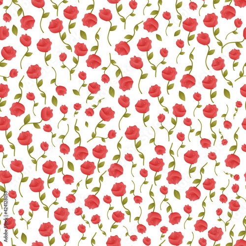 Red roses seamless pattern on white background in cartoon style for wrapping paper, bedding textile, spring flower