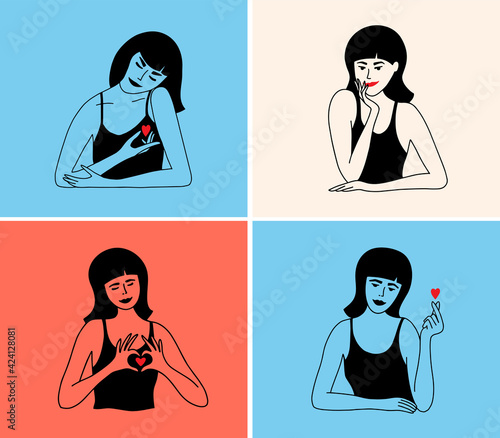 Set of colorful vector illustrations with women show love sign by hands smiling, flirting, hugging herself. Females make heart shape by hands gesture. Self care, share love, body positive, acceptance