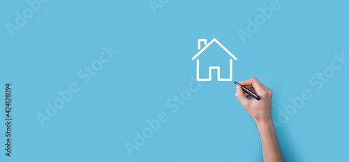 Hand draw a house icon with a marker.Real estate concept.Property insurance and security concept.Innovation technology internet Network Concept.