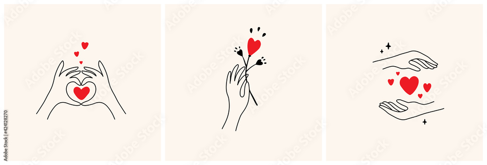 Female hands with red hearts. Set of abstract elegant vectors. Self, skin or body care, share love, love yourself icons. Logo for wedding design, cosmetics, beauty. Illustration of hand holding flower - obrazy, fototapety, plakaty 