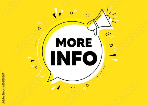 More info symbol. Megaphone yellow vector banner. Navigation sign. Read description. Thought speech bubble with quotes. More info chat think megaphone message. Infographics yellow background. Vector