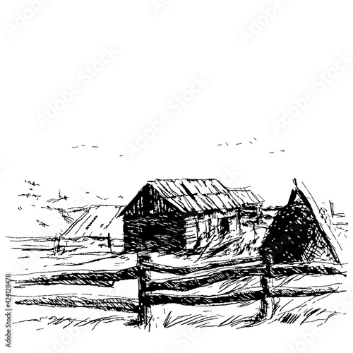 Rural landscape with mountains House fence and a stack of hay, haystack. Sketch, contour black isolated on white background. Vector