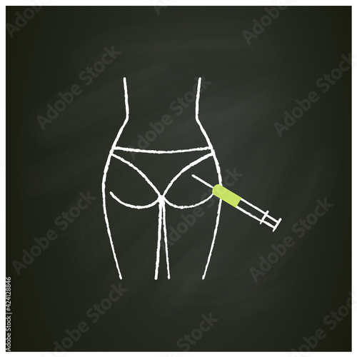 Cosmetic injection chalk icon. Injection into buttocks. Correction, lifting of buttock. Surgery. Full syringe. Beauty cosmetic procedure concept.Isolated vector illustration on chalkboard