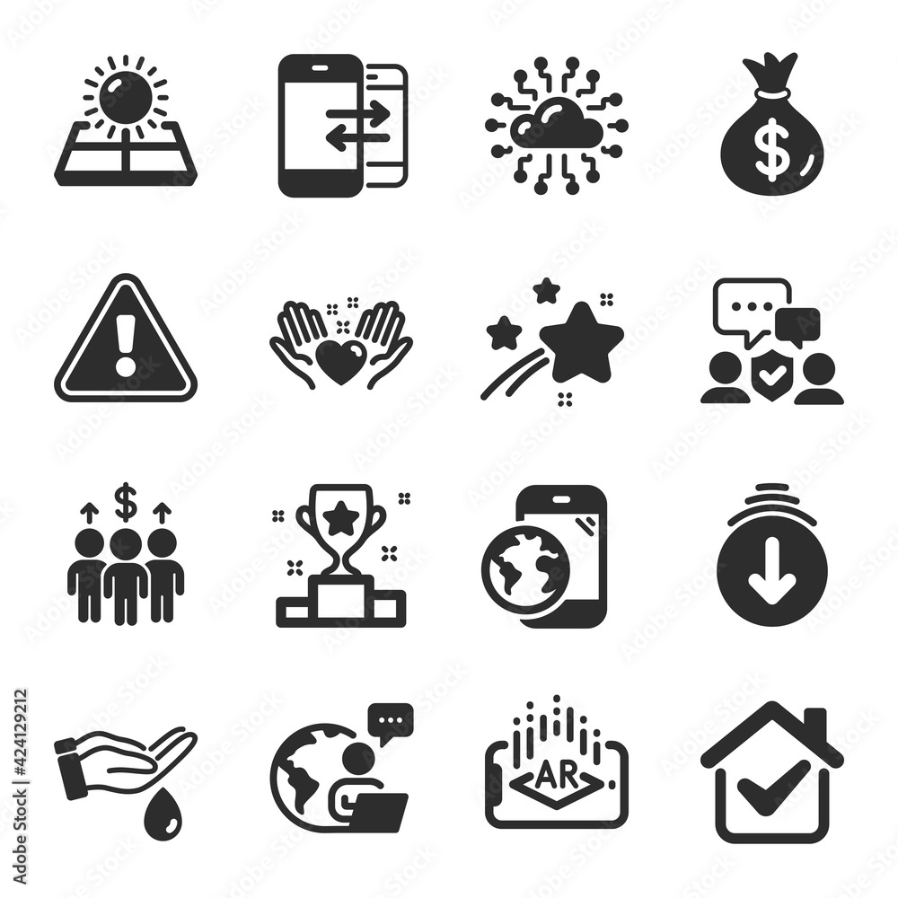 Set of Business icons, such as Augmented reality, Security agency, Money bag symbols. Phone communication, Meeting, Wash hands signs. Mobile internet, Winner cup, Cloud network. Hold heart. Vector Set of Business icons, such as Augmented reality, Security agency, Money bag symbols. Phone communication, Meeting, Wash hands signs. Mobile internet, Winner cup, Cloud network. Hold heart. Vector