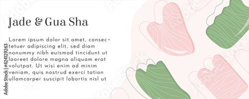 Web Banner Rose Quartz Gua Sha and Jade. Scraping massage tool. Natural pink and green stone scraper. Vector background for Anti-aging Facial Lifting with place for text. Trendy skin care method. Flat