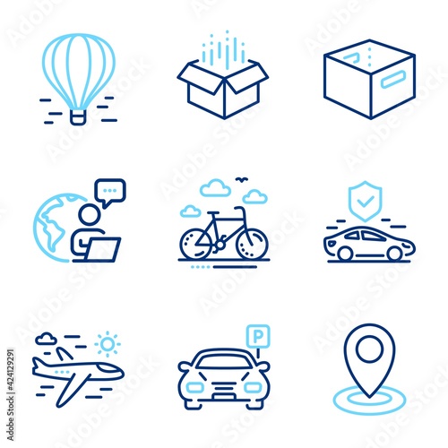 Transportation icons set. Included icon as Open box, Air balloon, Location signs. Parking, Bike rental, Airplane travel symbols. Transport insurance, Office box line icons. Line icons set. Vector
