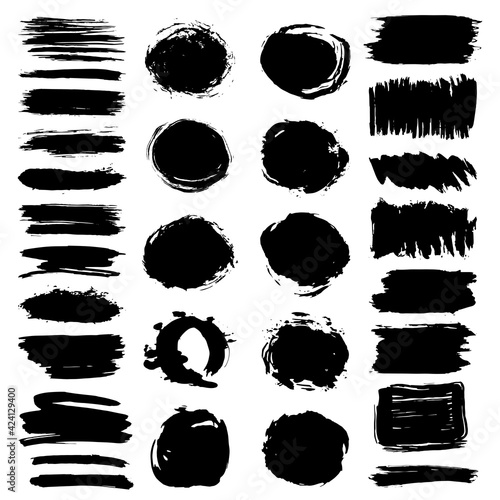 Black brush strokes round spot, collection abstract scandinavian style isolated on white background grunge texture. Card design elements paint stain template frame for your text, copy space. Vector