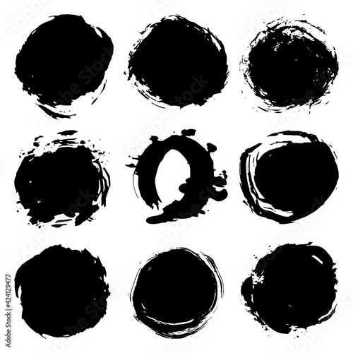 Black brush strokes round spot, collection abstract scandinavian style isolated on white background grunge texture. Card design elements paint stain template frame for your text, copy space. Vector