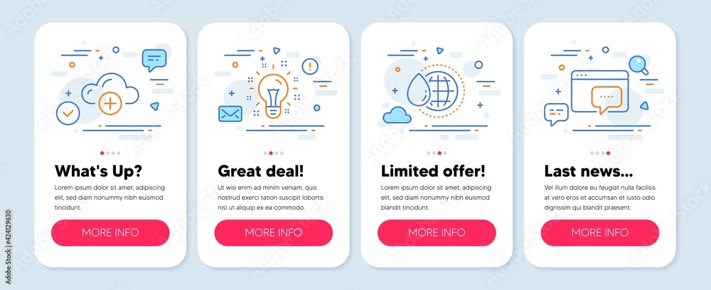 Set of Science icons, such as World water, Idea, Cloud computing symbols. Mobile screen mockup banners. Seo message line icons. Aqua drop, Creativity, Web storage. Support chat. Vector