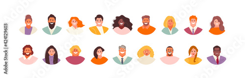 Smiling business people big set. User faces for social media. Vector template