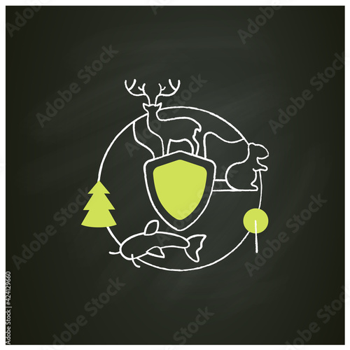 Biodiversity protection chalk icon.Limiting deforestation.Reduce air pollution.Fighting global warming. Saving flora and fauna.Ecosystem. Isolated vector illustration on chalkboard