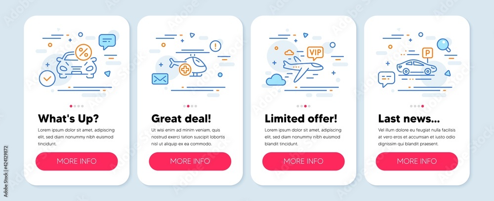 Set of Transportation icons, such as Car leasing, Medical helicopter, Vip flight symbols. Mobile app mockup banners. Car parking line icons. Transport discount, Sky transport, Charter airplane. Vector