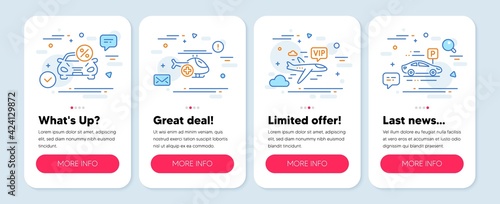 Set of Transportation icons, such as Car leasing, Medical helicopter, Vip flight symbols. Mobile app mockup banners. Car parking line icons. Transport discount, Sky transport, Charter airplane. Vector