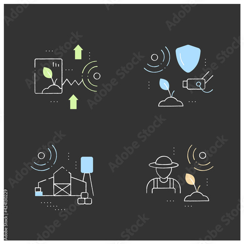 Smart farm chalk icons set. Consist of large farms, agronomist, CCTV.Agricultural innovation concepts.Isolated vector illustrations