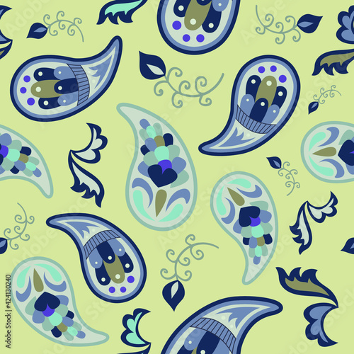 Vector seamless paisley yellow-lilac floral unusual geometric patterns on beige background