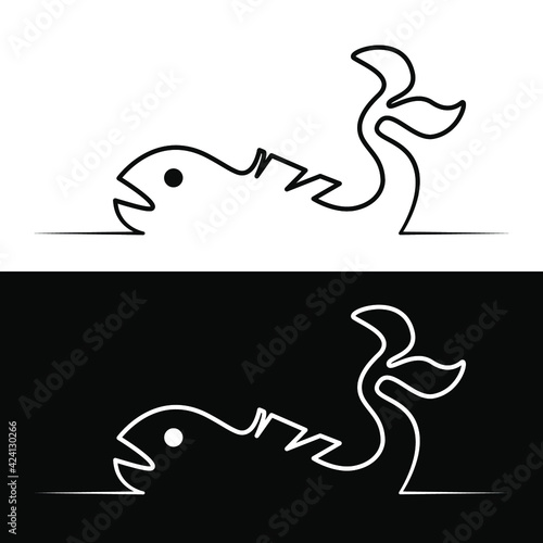 Drawn linear silhouette of a fish on a white and black background for the logo and design 