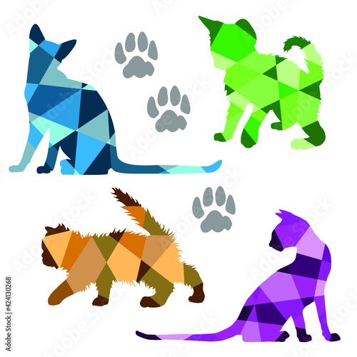 Vector multicolored set geometric silhouettes of cats isolated on a white background