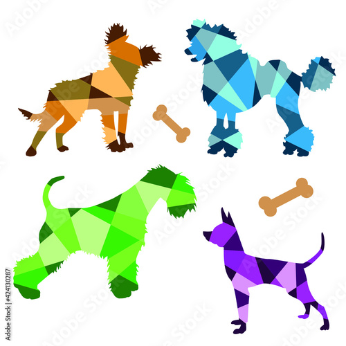 Vector multicolored set geometric silhouettes of dogs isolated on a white background