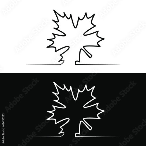 Drawn linear silhouette of a maple leaf on a white and black background for the logo and design 