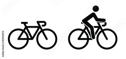 Stickman with cycle to school or work. Bike icon. Cycling line pattern banner. Stick figure man on bicycle. Flat vector cyclist sign. Mountain touring route. Sport logo. Racing bike or Mountain biker