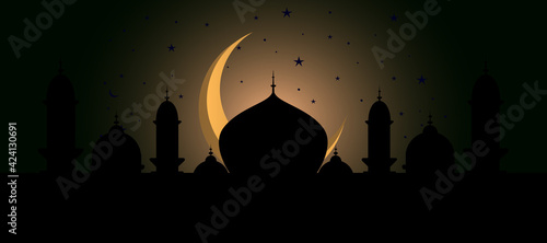 Elegant glow islamic background wit moon and star. Abstract long banner for celebration islamic holiday. Islamic greeting card template. Vector