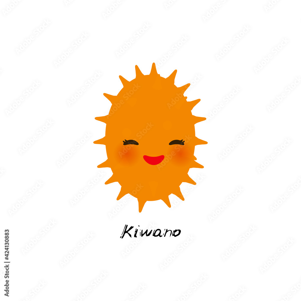 cute Kawaii kiwano with eyes and pink cheeks, isolated on white background trend of the season. Can be used for cards for children learning words, food packaging. Vector