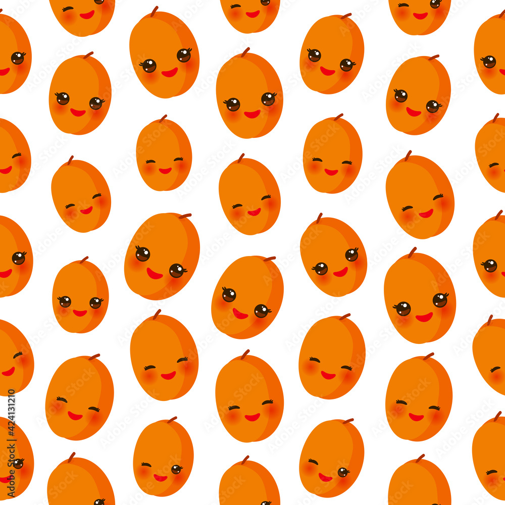 Seamless pattern cute Kawaii orange peach apricot with wink eyes and pink cheeks, isolated on white background trend of the season. Can be used for Gift wrap fabrics wallpapers, food packaging. Vector