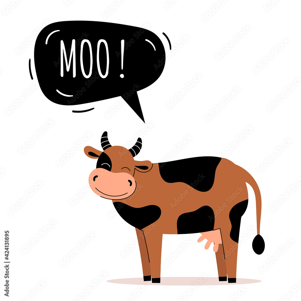 A cute cow says moo. Farm animals. Speech bubble, children's cards