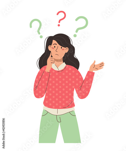 Puzzled and thinking girl with question marks. Person. Vector character on a white background.