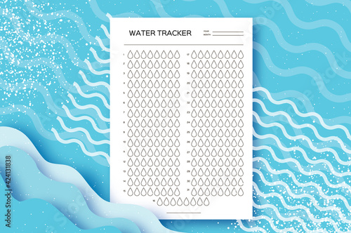 Water Tracker. Water Balance Calendar. Water Monthly Tracker. 31 days. Hydration Challenge. Blue background.