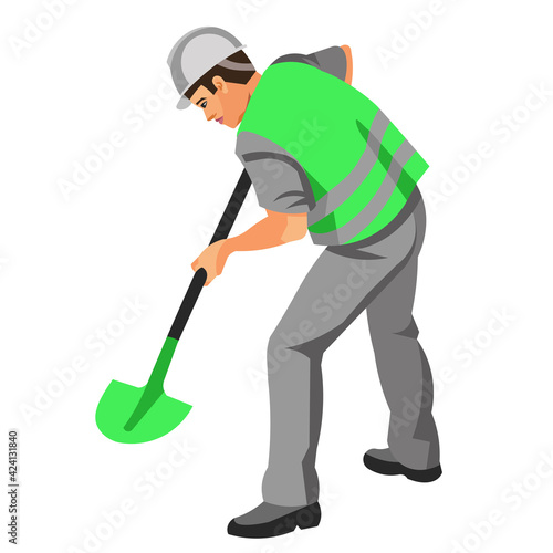 Figure of an asian worker in work clothes digging a hole with a s