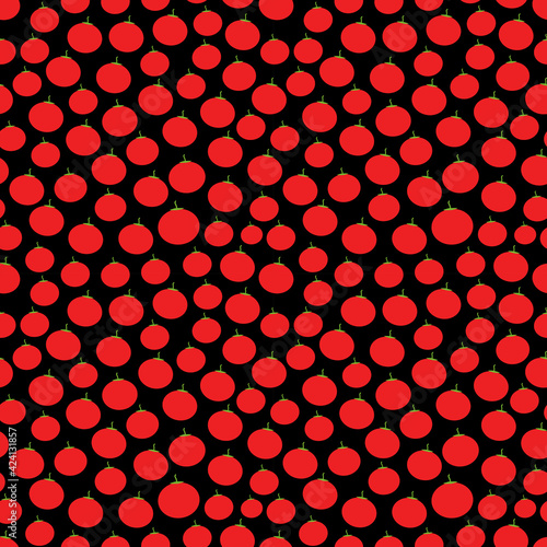 Seamless pattern with red tomatoes, on black background trend of the season. Can be used for Gift wrap fabrics, wallpapers, food packaging. Vector