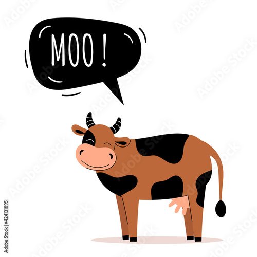 A cute cow says moo. Farm animals. Speech bubble, children's cards, children's teaching. Flat vector illustration