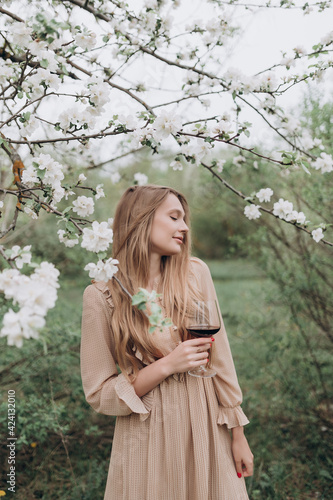 a beautiful girl with brown hair in a beige dress holds a glass of red wine in her hand in a blooming apple orchard