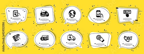 Technology icons set. Speech bubble offer banners. Yellow coupon badge. Included icon as Touchscreen gesture, Car service, 360 degree signs. Credit card, Bitcoin, Global business symbols. Vector