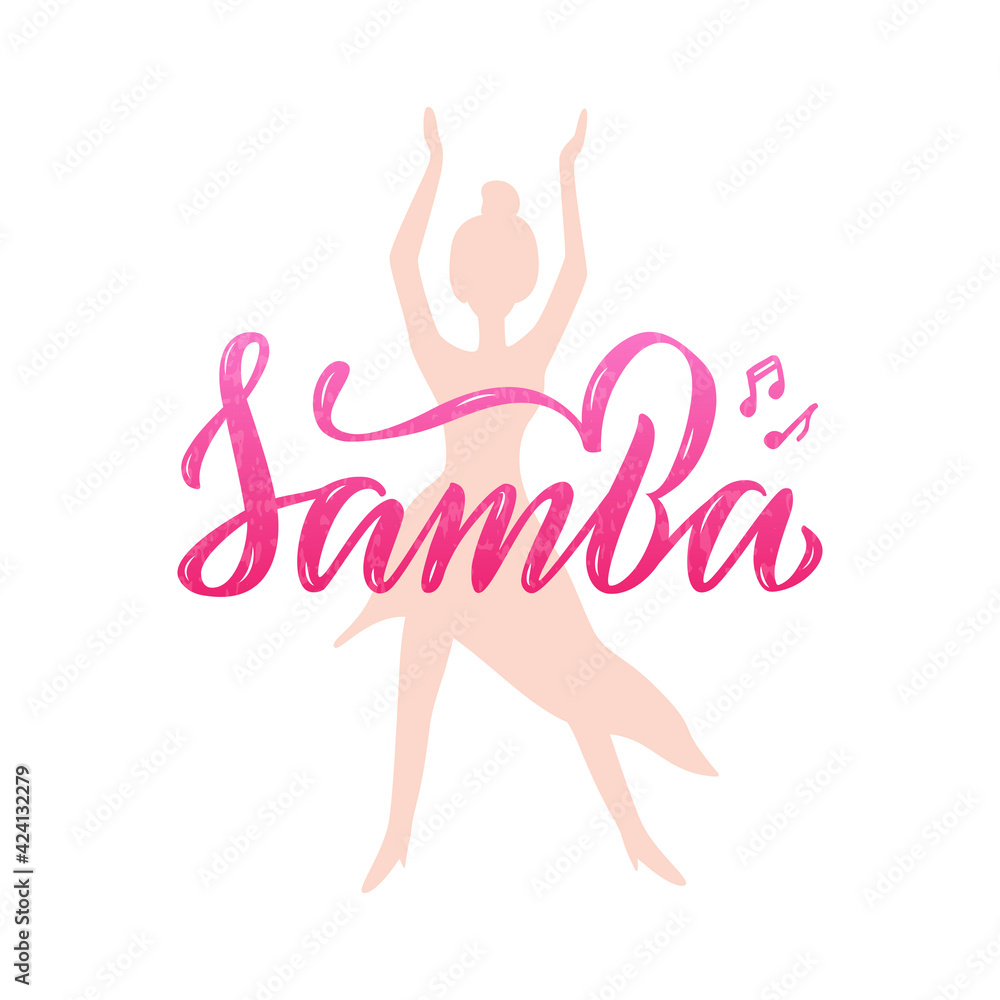 Vector illustration of samba isolated lettering for banner, poster, business card, dancing club advertisement, signage design. Creative handwritten text for the internet or print
