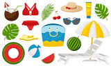 A set of decorative elements in a flat cartoon style for summer, vacation, party. Sunbed, umbrella, watermelon, beach bag, glasses,sunscreen. Vector. Isolated on a white background.