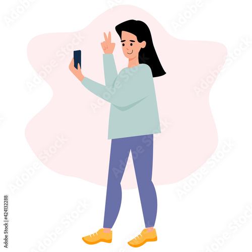 A young woman takes a selfie and holds his smartphone in his hand. The blogger takes pictures of himself on a video camera of the phone, online communication by video call. flat vector illustration