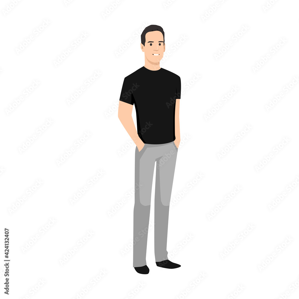 Cool man character standing with hand on the pocket flat vector illustration isolated on white background Cool man character standing with hand on the pocket flat vector illustration isolated on white background