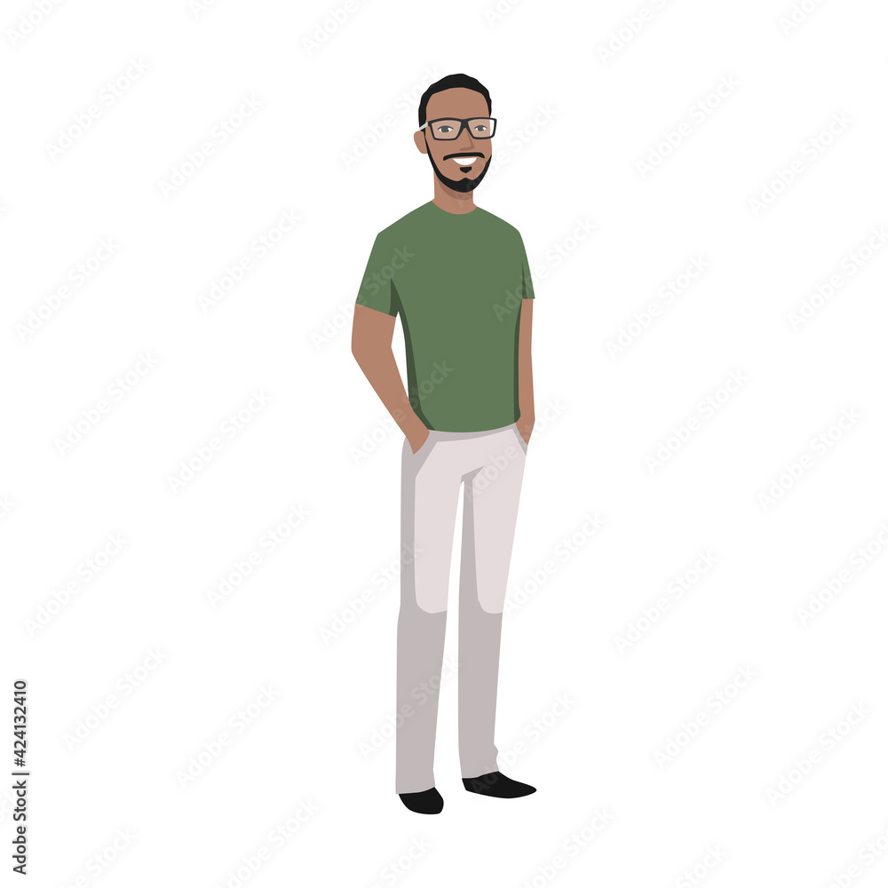 Cool man character standing with hand on the pocket flat vector illustration isolated on white background Cool man character standing with hand on the pocket flat vector illustration isolated on white background
