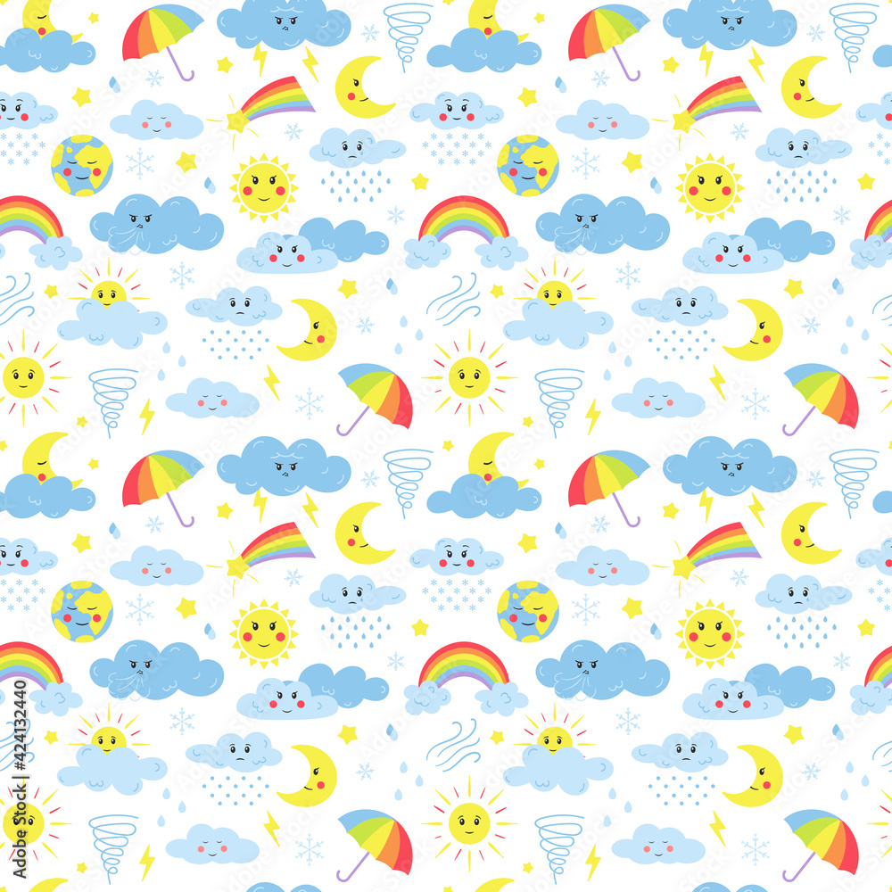 Fototapeta premium Seamless pattern with elements of weather, clouds, clouds, hurricane, lightning, sun with eyes. For children's textiles and products for kids. Cute cartoon vector illustrations. Isolated on white.