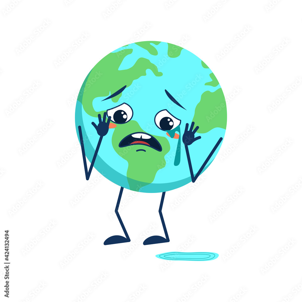Cute planet earth character with crying and tears emotions, face, arms and legs isolated on white background. The funny or sad hero. Vector flat illustration Cute planet earth character with crying and tears emotions, face, arms and legs isolated on white background. The funny or sad hero. Vector flat illustration
