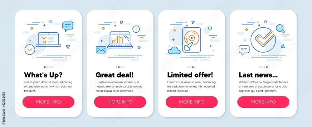 Set of Technology icons, such as Hdd, Web lectures, Graph laptop symbols. Mobile app mockup banners. Verify line icons. Memory disk, Online test, Mobile report. Selected choice. Hdd icons. Vector