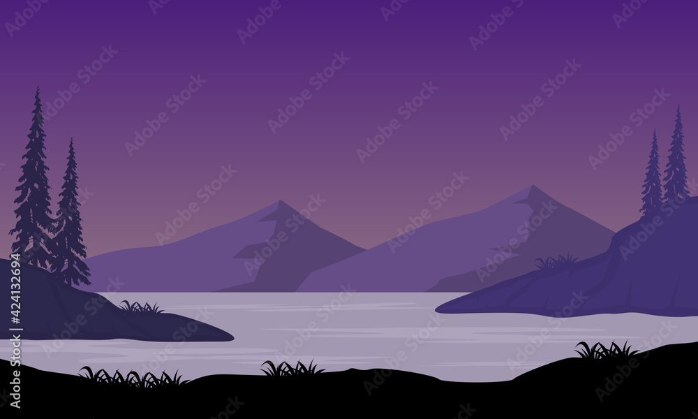 Great panoramic views of the mountains from the riverbank at night. Vector illustration