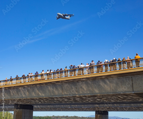 Aircraft bombers flying overhead at Lake Burley Griffin during an aerial fly over event in Canberra to mark 100 years of the Royal Australian Air Force photo
