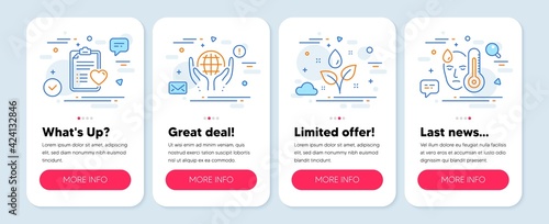 Set of Healthcare icons, such as Plants watering, Organic tested, Patient history symbols. Mobile screen banners. Fever line icons. Water drop, Safe nature, Medical survey. High temperature. Vector