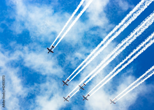 Roulettes performing an aerobatic display  over Lake Burley Griffin during an aerial fly over event in Canberra to mark 100 years of the Royal Australian Air Force