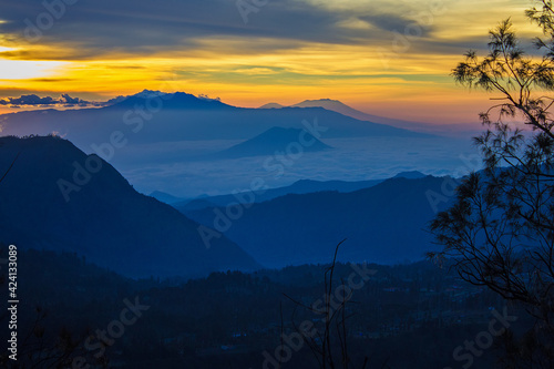 Beautiful early sunset at Bromo Tengger Semeru National Park on East Java, Indonesia. Aerial view of from Penanjakan view point