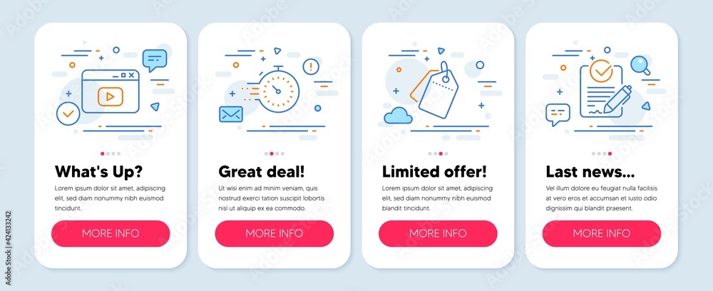 Set of Technology icons, such as Video content, Sale tags, Timer symbols. Mobile screen app banners. Rfp line icons. Browser window, Discount labels, Deadline management. Request for proposal. Vector